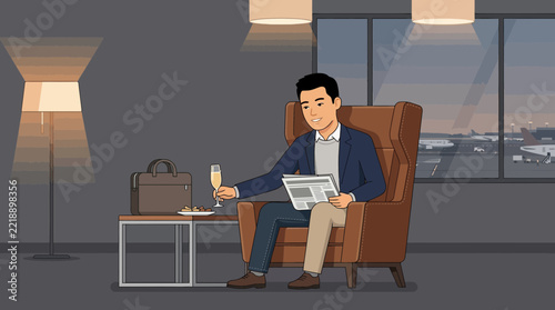 Man relaxing in airport lounge with champagne and newspaper