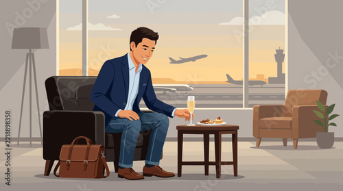 Man relaxing in airport lounge with champagne and snacks, watching planes