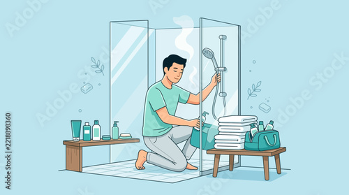 Man showering and cleaning, hygiene, self-care, bathroom scene