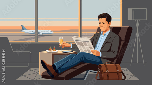 Man Relaxing in Airport Lounge with Champagne, Reading Newspaper
