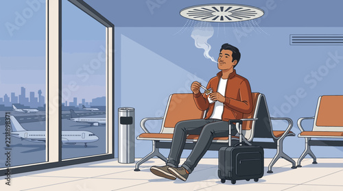 Man relaxing in airport lounge with suitcase and view of planes