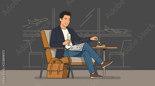 Man relaxing in airport lounge, enjoying food and drink, with planes outside