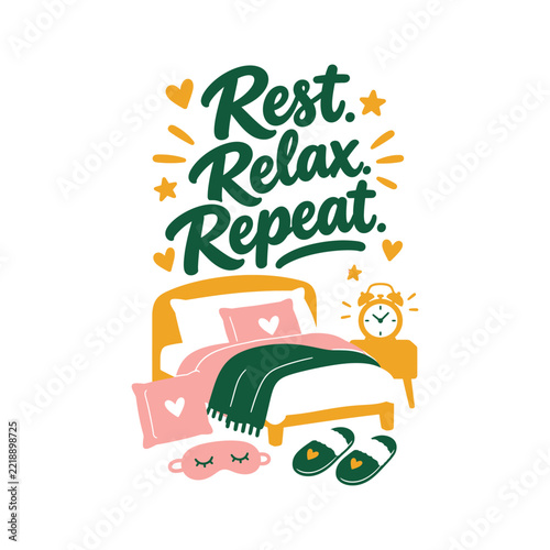 Rest Relax Repeat Cozy Bedroom Illustration