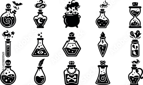 A captivating collection of halloween potion and magic vector icons beautifully designed for spooky and enchanting projects offering a mystical aesthetic