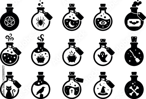A captivating assortment of halloween potion and magical vector icons beautifully designed for spooky season projects and enchanting visual creations on a