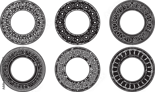 Vintage ornamental round frames set of 6 vectors, intricate black floral circular borders for certificate and invitation design