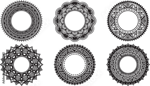 Ornate mandala round frames set, vintage decorative circular border vector graphics, tribal ethnic radial patterns for logo design