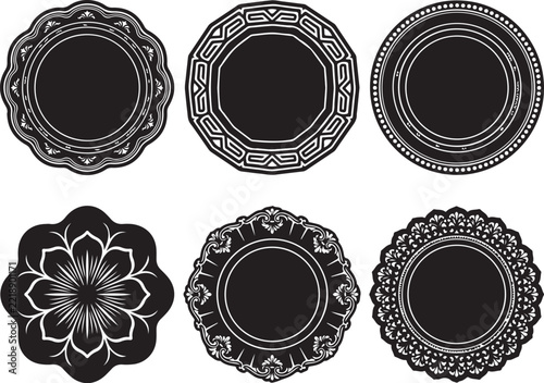 Vintage ornamental round frame vector collection, black floral emblem label set, decorative circular border badges for packaging design