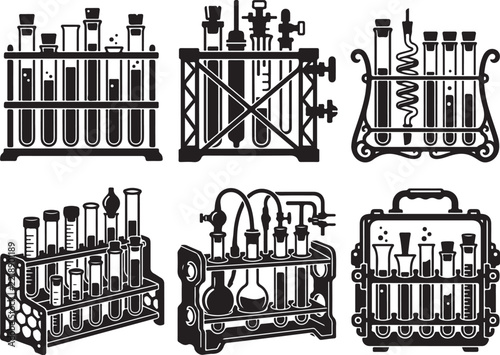 Vintage laboratory glassware icon set, monochrome chemistry test tube racks, retro scientific research equipment vectors
