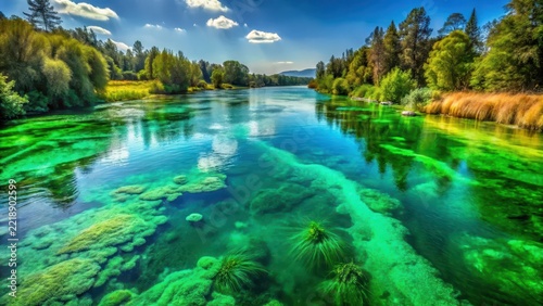 A murky turquoise river sprawls with emerald algae blooms suffocating sunlit waters in a toxic vibrant oceanic haze