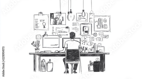 Sketch of a Creative Professional Working at a Desk