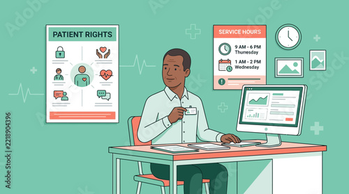 Healthcare worker at desk with patient rights poster and computer