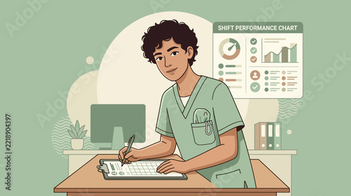 Healthcare Worker at Desk with Performance Chart, Isolated Transparent Background