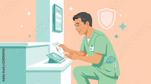 Male nurse using tablet and chart for patient care on transparent background