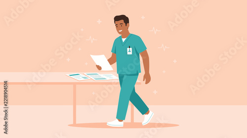 Male Nurse Walking With Medical Chart - Isolated Transparent Background
