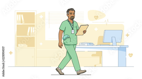 Male Nurse Walking with Clipboard in Doctor's Office Illustration