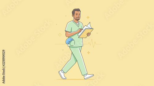 Male Nurse Walking with Clipboard, Isolated on Transparent Background