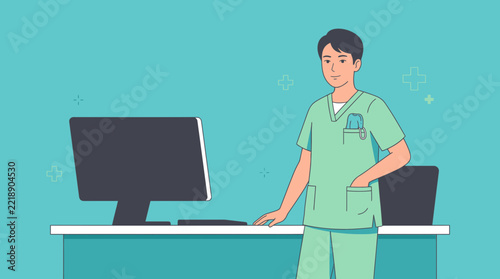Male nurse with computer, medical office, healthcare worker
