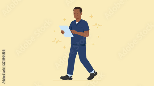 Male Nurse Walking with Medical Chart, Healthcare Professional, Isolated