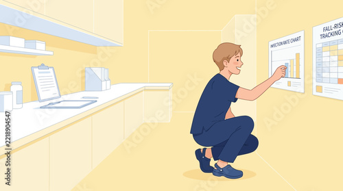 Healthcare worker reviewing charts on wall in clinic hallway.