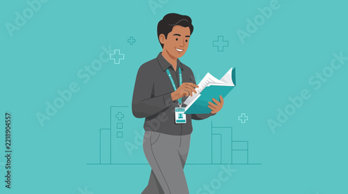 Healthcare worker reading medical chart, hospital background, illustration