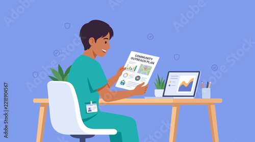 Healthcare worker reviewing community outbreak plan with data on laptop