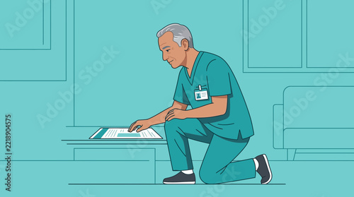 Healthcare worker reviewing document on tablet, isolated