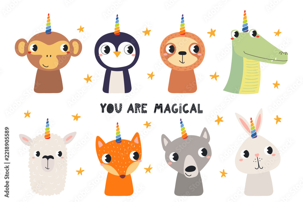Fototapeta premium Cute animals with rainbow unicorn horns illustration isolated. Friendly playful cartoon characters. Whimsical kid, nursery print design, clipart element. Hand drawn vector. Little dreamer, imagination