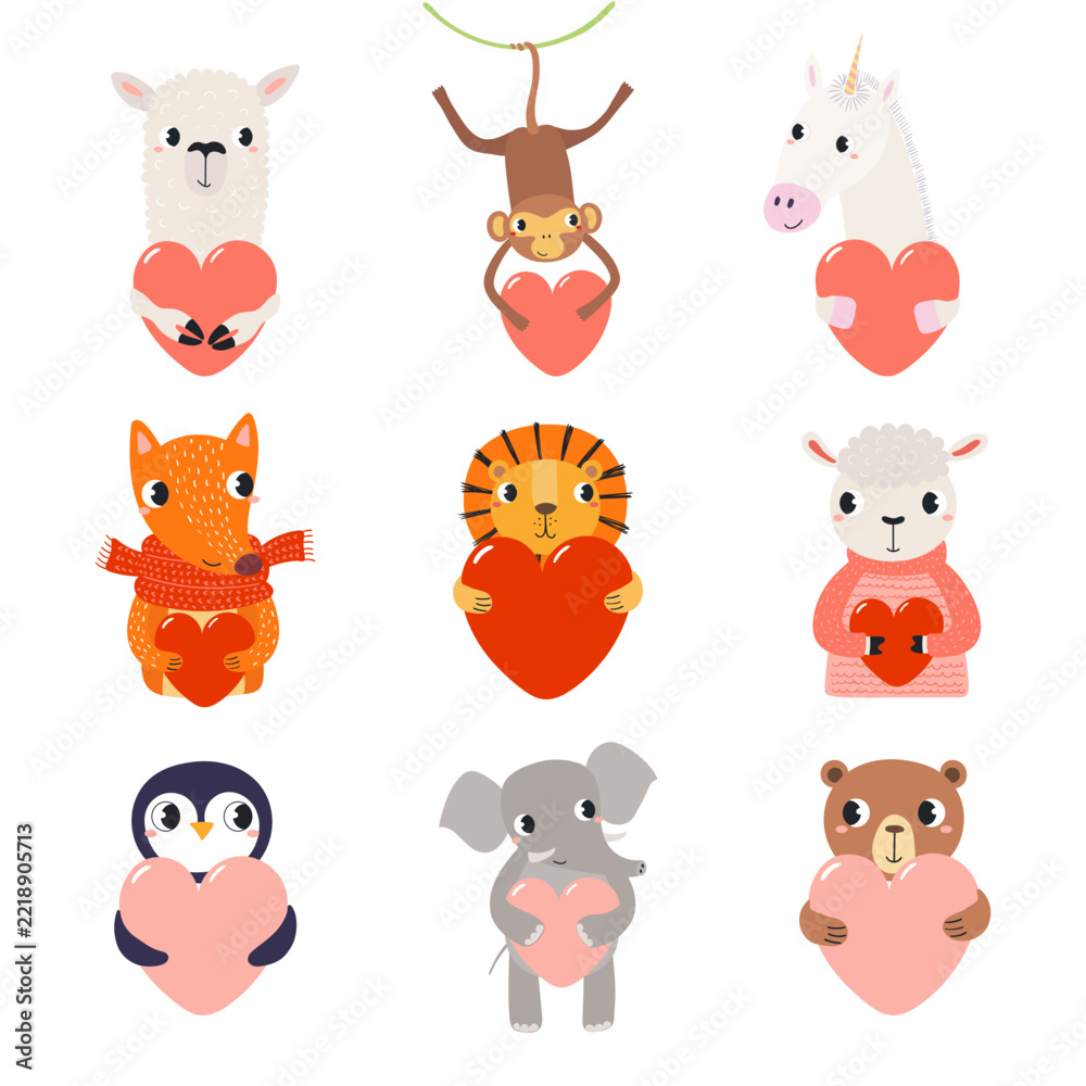 Fototapeta premium Cute animals with hearts for Valentines day illustration isolated. Friendly playful cartoon characters. Whimsical kid, nursery print design, clip art element. Hand drawn vector. Love and friendship