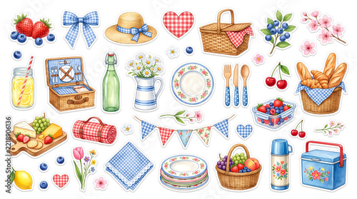 Summer Picnic Watercolor Sticker Set Gingham Basket, Lemonade, Straw Hat & Vintage Cooler Clipart