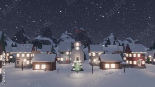 Santa Claus sleigh with reindeer flying past a church over a snowy Christmas village at night, falling snow, 3D animation