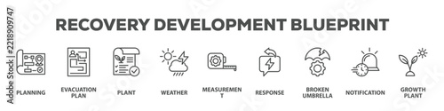 Recovery Development Blueprint with icon of Planning, Evacuation plan, Plant, Weather, Measurement, Response, Broken umbrella, Notification, Growth plant