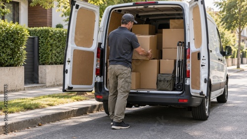 Delivery person loads boxes into van on a street lined with trees and homes in daylight