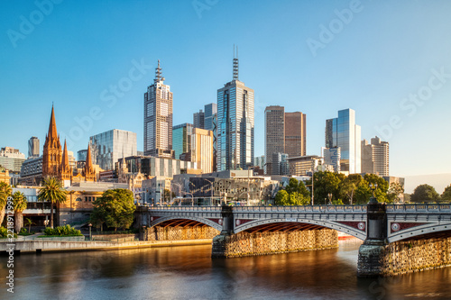 Melbourne Skyline with Princes Bridge at Sunset Reflected in Yarra River