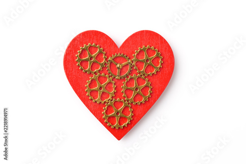 Love and business partnership symbolized by a wooden heart with gears
