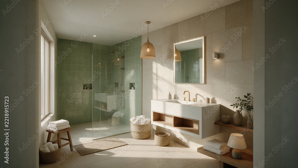 Fototapeta premium Vista angular de un baño contemporáneo con ducha de cristal transparente, panel de pared verde oliva, lavabo flotante blanco, espejo cuadrado, lámparas de ratán y un taburete de madera