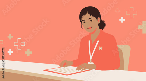 Female healthcare worker at desk with medical symbols background, isolated