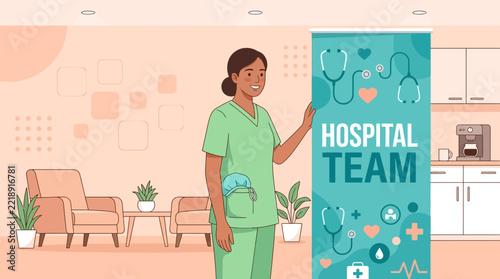 Female Nurse In Scrubs Beside Hospital Team Banner