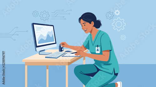 Female medical professional working on computer with digital health graph