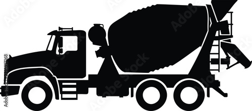 Black silhouette of a concrete mixer truck on a white background, vehicle construction