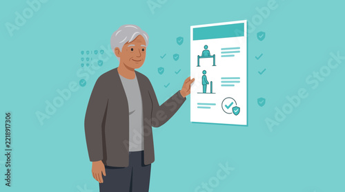 Elderly woman with digital security and protection document, isolated on transparent background.