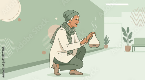Elderly Woman With Essential Oil Diffuser, Health, Wellness