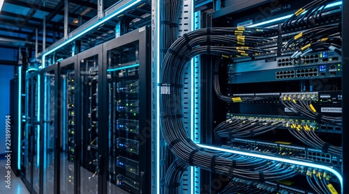 Modern Data Center Server Racks with Network Cables