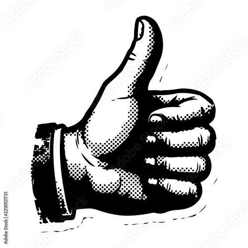 Retro Halftone Thumbs Up Sticker Vector Illustration on Transparent Background.eps