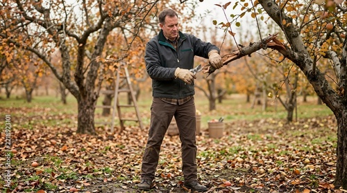 Male gardener trimming damaged fruit tree branch with pruning shears. Autumn orchard maintenance and tree care routine