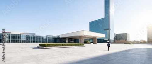 Wide angle view of a modern corporate office building complex with glass facades and a large concrete plaza under a clear blue sky, featuring a person walking towards the entrance during a bright