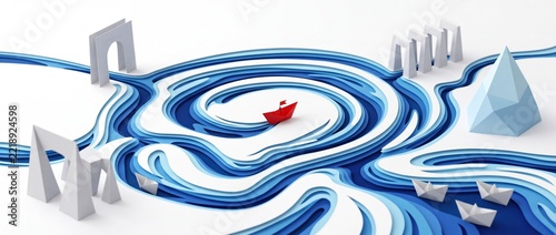 Minimalist 3D Paper Cut Art of a Red Origami Boat Navigating Through Blue Swirling Waves with White Architectural Arches and Geometric Iceberg, Concept of Leadership and Creative Journey.