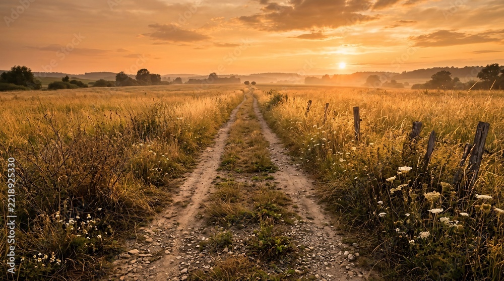 Fototapeta premium Rural dirt path stretches into the distance through a tall golden meadow under a warm orange sunset sky in idyllic countryside style