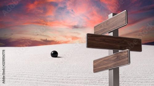 Minimalist Concept of Blank Wooden Directional Signpost in Zen Garden with White Sand and Black Sphere Against Dramatic Sunset Sky for Business Strategy, Decision Making and Future Career Path