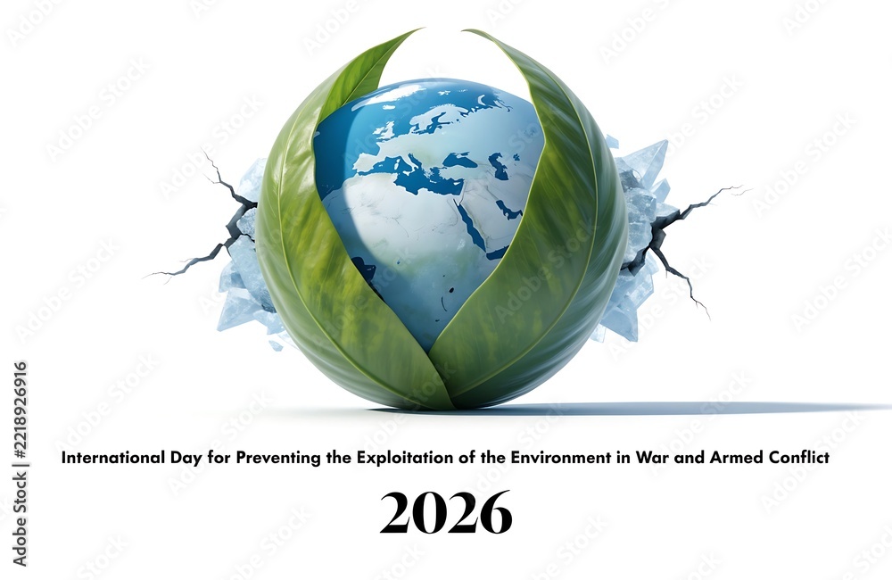 Fototapeta premium Earth globe inside broken green leaves for international day for preventing